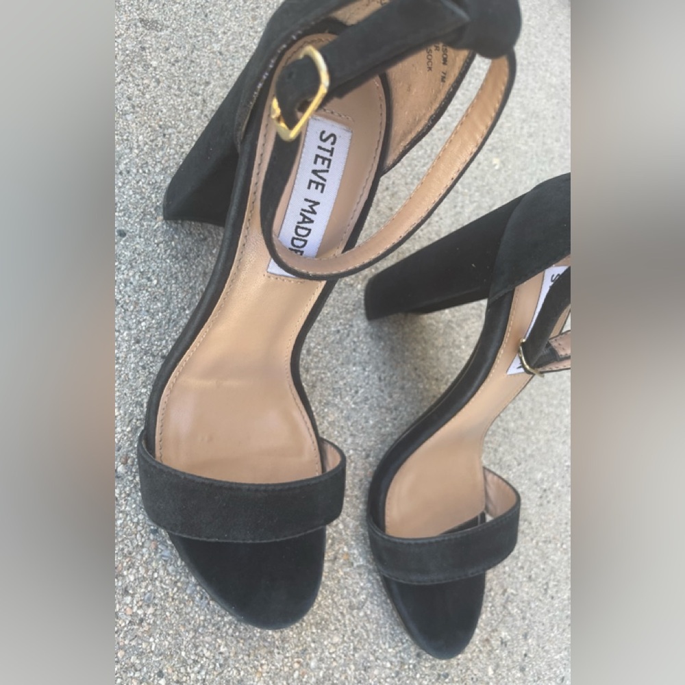 STEVE MADDEN CARRSON ANKLE STRAP BLACK HEELED SANDALS SIZE 7 UPPER LEATHER - Picture 2 of 8
